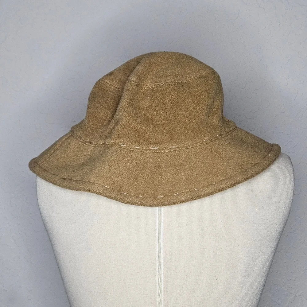 Wool Blend Camel Tan Bucket Hat Floral Embroidery Whipstitch Boho Cloche